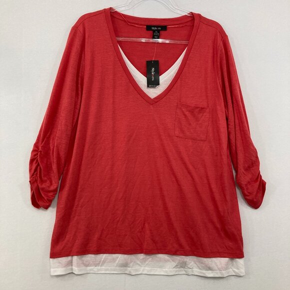 New Style & Co. size XL Red White V Neck Ruched Sleeve Stretch Layered Top - Picture 1 of 9